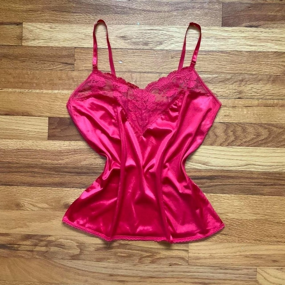 Vintage Red Nylon Lace Lingerie Slip Tank Top Size M/L Whimsygoth Grandmacore